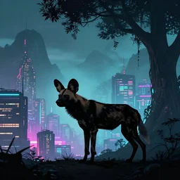 an african wild dog, silhouette against a cyberpunk cityscape, neon, mountains, mist, giant trees, by paul lehr