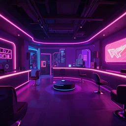 VRChat world lobby with neon lighting.