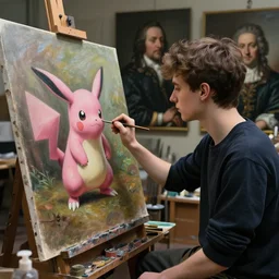a young painter in his studio painting a picture of a pink pokemon, by edgar maxence and caravaggio and michael whelan and delacroix style, artistic, intricate drawing, cinematic lighting, hyper realistic, extremely detailed, establishing shot, 8 k resolution, dramatic lighting