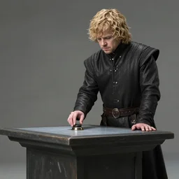 tyrion lannister having trouble reaching the button on top of the faceoff podium on family feud, set photo, getty images, photorealistic, modern day