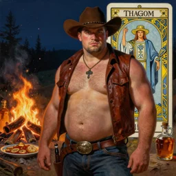 a dramatic, epic, ethereal painting of a handsome thicc cowboy with a beer belly and an open leather vest | background is a late night campfire with food and jugs of whisky | homoerotic | tarot!! card, art deco, art nouveau | by Mark Maggiori | trending on artstation