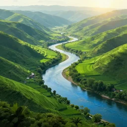 a lush green valley with a clean meandering river, blue waters, crop fields, morning light, sun, beautiful, landscape view, village by the river, concept art, matte painting,
