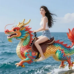 beautiful girl riding a colorful dragon over the ocean, hyper realistic,