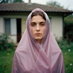 closeup portrait of a woman wrapped in mauve cellophane, standing in an overgrown house, color photograph, by paula rego, canon eos c 3 0 0, ƒ 1. 8, 3 5 mm, 8 k, medium - format print
