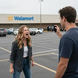 Karen yells at the man with the cell phone recording a video of her in the WalMart parking lot, painting by Rembrandt
