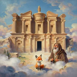 illusion painting hidden temple in negative space in the clouds : an adorable small fox in the huge ruins of the second temple in jerusalem. a new temple is hiding in the dreamy clouds above. a hooded bearded old man in a brown tunic laughing, colorful 8 k, art station, intricate superb details, digital art, illusion painting hidden image.