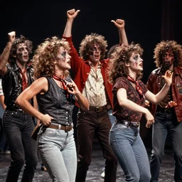 full color still of the midnight zombied dance musical scene, 150mm lens by David Cronenberg, grainy 1985 cinematography