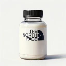 concept art of a north face brand dietary supplement in a transparent modern rounded bottle filled with white liquid, black top, by lois van baarle, white tones, white background, digital painting, artstation, concept art, smooth, sharp foccus ilustration hq