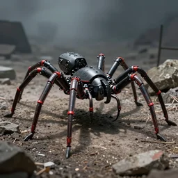 spider robot, military, black and red, detailed, mechanical, by greg rutkowski and jakub rozalski