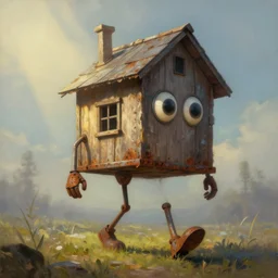 a walking wood and metal house with two legs and two big eyes, rust, hyperrealistic, highly detailed, cinematic, single ray of sun, morning, pareidolia, gravity falls style, beautiful, cgssociety, artstation, 8 k, oil painting, digital art