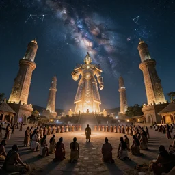 Fisheye lens way too close of the large glowing futuristic warrior statue towers over the the chanting tribesmen worshipping in the center of their village. 1100 AD. The Milky Way Galaxy is visible in the night sky along with many constellations and nebulas. Cinematic, Award winning, ultra high resolution, intricate details, UHD 8K. Hidden message.
