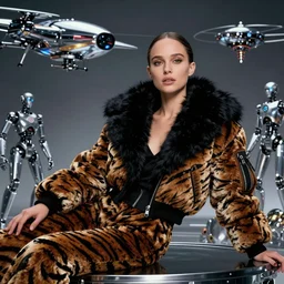 beautiful fantasy character portrait, natalie portman, wearing tiger skin puffy bomber jacket with black fur, seductive reclining pose, futuristic chrome drones, ultra realistic, dramatic lighting, robots, the fifth element artifacts, highly detailed by peter mohrbacher, hajime sorayama, wayne barlowe, boris vallejo, aaron horkey, gaston bussiere, craig mullins