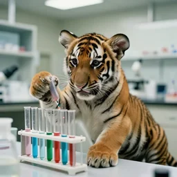 film still of a tiger cub working in a research lab filling test tubes, 8 k