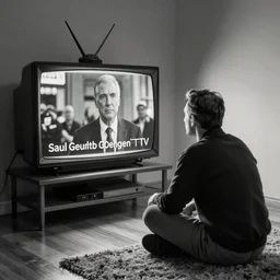 Gene in black and White watching a colour Saul Goodman TV ad on the television