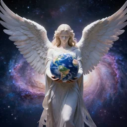 a giant angel holding the world in the palm of its hand standing in front of the galaxy, 4 k, unreal engine 6, ultra realistic, coherent,