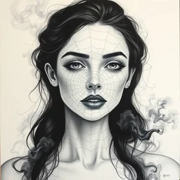 lady, transparent acrylic, portrait symmetry, spider web, abstract pencil sketches, expensive, chaos, award winning realistic painting, hard edges, smooth, black smoke, character design, master level composition, rule of thirds, transparency, without hands, gucci, by chiara bautista and beksinski and norman rockwell and tom bagshaw