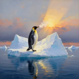 the most beautiful panoramic landscape, oil painting, where a giant iceberg is lost in middle of the artic ocean, a giant penguin is exhaling steam while walking over the iceberg, the artic ocean is reflecting the giant penguin over the iceberg and the ray lights of the sunset are brightening him, by greg rutkowski