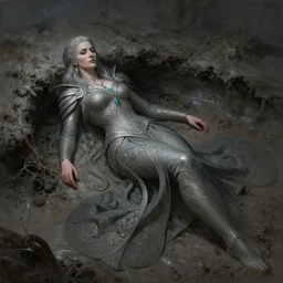 a full body portrait of a beautiful post apocalyptic offworld nordic necromancer reposed by the mud pits, intricate, elegant, highly detailed, digital painting, artstation, concept art, smooth, sharp focus, illustration, art by krenz cushart and artem demura and alphonse mucha
