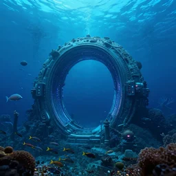 intergalactic stargate portal in the middle of a deep ocean, with strange sea creatures swimming around it and a school of fish in the foreground