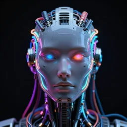 hyperdetailed portrait of a cyberpunk futurism robot head, 8 k, glowing wires and tubes, symetrical, flourescent colors, halluzinogenic, realistic, black background