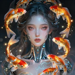 Portrait of a cyborg girl surrounded by glowing Koi fish, face, fantasy, intricate, elegant, highly detailed, digital painting, artstation, concept art, smooth, sharp focus, illustration, art by Krenz Cushart and Artem Demura and alphonse mucha