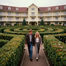 photorealistic ultra wide cinematography of danny and wendy torrance from stanley kubrick's 1 9 8 0 film the shining, walking inside and navigating through the hedge labyrinth outside overlook hotel shot on 3 5 mm eastman 5 2 4 7 film by the shining cinematographer john alcott shot on a wide kinoptik tegea 9. 8 mm lens. with golden ratio composition