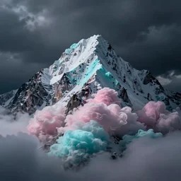 a dramatic photo of a mountain made of cotton candy. moody and melancholy. with a little bit of cyan and pink.