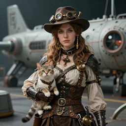 a portrait beautiful steampunk woman and her cute robot cat in front of a spaceport, long hair, aged 2 5, slovenian, wearing a travel hat, photo realistic, real life, octane render, trending on artstation