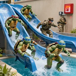 ninja turtles escape and two military ( american uniform ) ran to sound the alarm and all the turtles began to descend the water slides, ruan jia, realism, ultra detailed, 4 k,