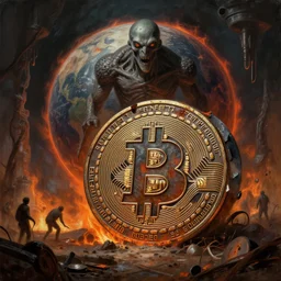 great bitcoin crash, single rusted bitcoin, apocalyptic famine poverty and war, planet burning due to mining, h. r. giger, dark fantasy painting featured artstation