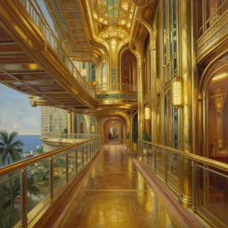 a corridor in the atlantis paradise, a retro futuristic spaceship made of brass, art deco influence, hotel style design. suspended bridge walkways. painting by artgerm and greg rutkowski.