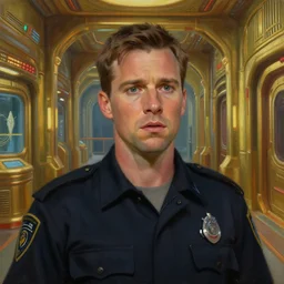 a man who slightly resembles tahmoh penikett looking concerned. clear, detailed face. he is wearing a security uniform. he is in a corridor of the atlantis paradise, a retro futuristic spaceship made of brass, art deco influence, hotel style design. painting by artgerm and greg rutkowski.