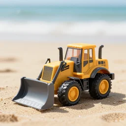 bulldozer toy sunbathing on the beach, depth of field, very detailed, bulldozer, holiday vibe, photo style, ultra realistic