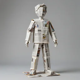 a bricolage sculpture of a man made of newspaper and magazines
