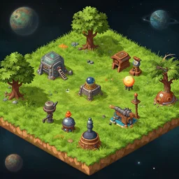close up isometric view of a small colony, on an alien grassland, on an alien planet, from a space themed point and click 2 d graphic adventure game, set design inspired by hg giger, art inspired by thomas kinkade