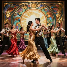 latin male and female dance band in the style of art nouveau. lively. colorful. hd.