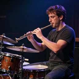 photo of a schnitzel holding a flute and drumming with it, drum set, night club, spot light, 50mm, beautiful photo