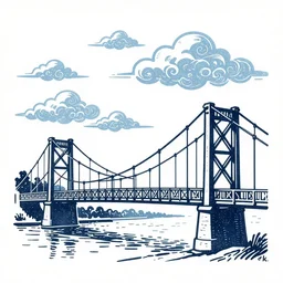 small steel suspension bridge built in 1 9 2 8, side view, puffy clouds in background, woodcut style, rubber stamp, 8 k