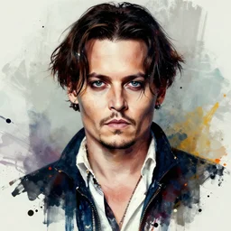 young beautiful johnny depp abstract portrait, paint splatters, style by simon bisley, ismail inceoglu, wadim kashin, filip hodas, benedick bana, and andrew atroshenko.