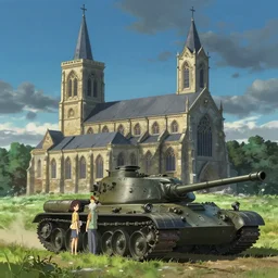 church combined with a tank. in an open field. key visual, conceptart, ambient lighting, highly detailed, digital painting, artstation, concept art, sharp focus, by makoto shinkai and akihiko yoshida and greg manchess