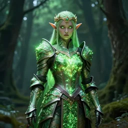 portrait elf warrior in the forest, glowing, ornate and intricate green armour, jaw dropping beauty, glowing background lighting, green accent lighting, hyper detailed, fairy tale, 4 k octane render