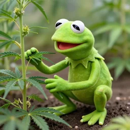 kermit the frog tending his cannabis garden in the style of realism, highly realistic, photorealistic, ultrarealistic, hyper detailed, by android jones,