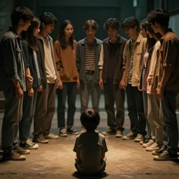 a lonely kid staring at a friend group, dramatic lighting, cinematic scene