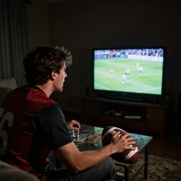 harsh flash photography an angry football fan watching a football game, dark and filthy room, pitch black and lit only by the television