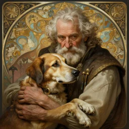 old man hugging an old dog, deep focus, d & d, fantasy, intricate, elegant, highly detailed, digital painting, artstation, concept art, matte, sharp focus, illustration, hearthstone, art by artgerm and greg rutkowski and alphonse mucha