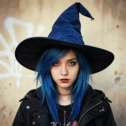 highly detailed closeup portrait of a punk witch young lady student, ( blue witch hat ), black parka, blue hair by atey ghailan, by greg rutkowski, by greg tocchini, by james gilleard, by joe fenton, by kaethe butcher, gradient, blue, black, brown and cream color scheme, grunge aesthetic!!! white graffiti tag wall background