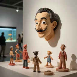 plasticine sculpture stop motion. salvador dali model. figures clay. minimal. tilt shift. fish tank. gallery. visitors. photorealistic. john craxton. small hole in wall