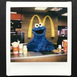 cookie monster working the front counter of mcdonald's ready to take your order, eighties polaroid, flash photography, photorealistic, kodachrome