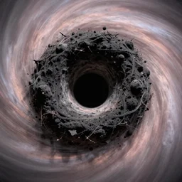 A black hole with event horizon in the center with space around it, high detail, Junji Ito. Pastel colors.
