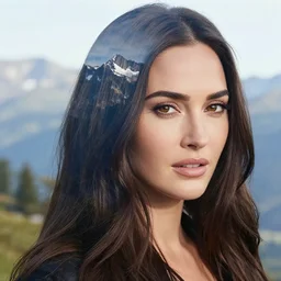 megan fox face blended with beautiful mountain scenery, in the style of dan mountford, tattoo sketch, double exposure, hyper realistic, amazing detail, black and white
